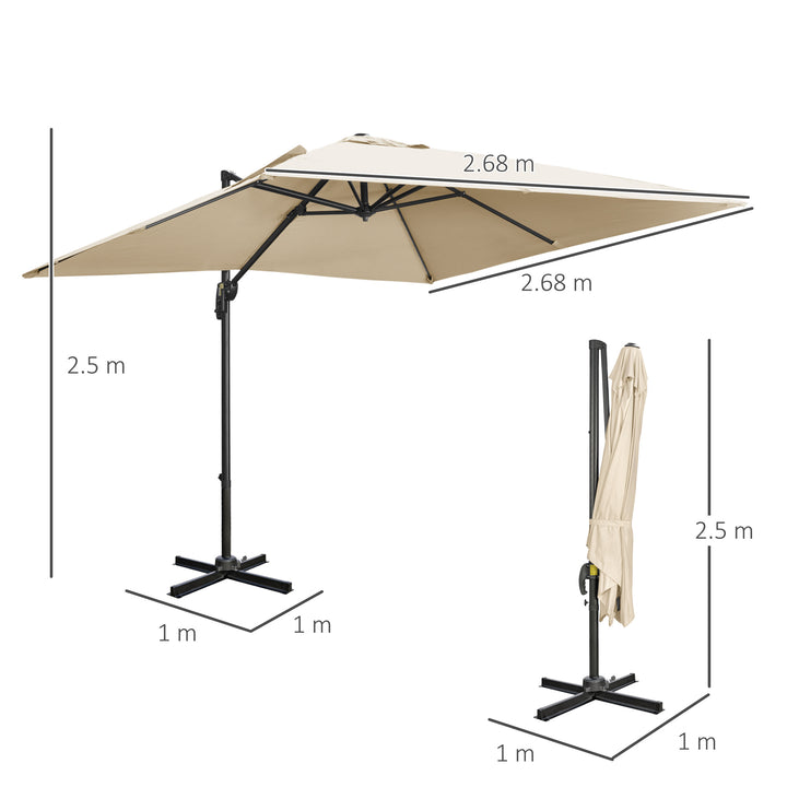 2.7 x 2.7 m Cantilever Parasol, Square Overhanging Umbrella with Cross Base, Crank Handle, Tilt, 360° Rotation, Aluminium Frame, Cream White