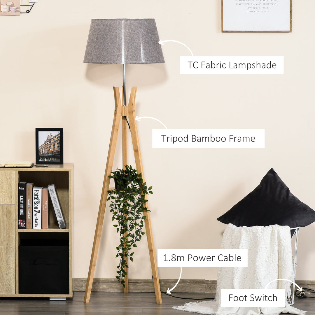 Natural Wood Tripod Floor Lamp Light E27 Base Bedroom Living Room Fabric Shade Storage Shelf Foot Switch, 156cm, Grey