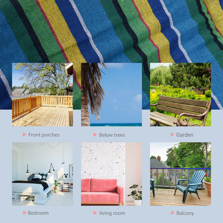 Outdoor Hammock Hanging Rope Garden Yard Patio Swing Chair Seat Woodenwith Footrest Cotton Cloth Blue Stripe