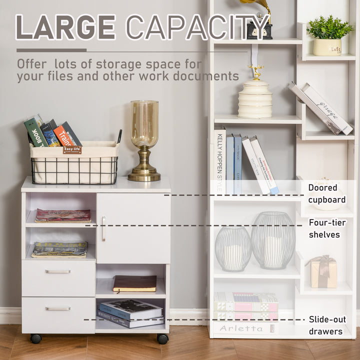 Mobile Storage Cabinet Sideboard Storage Trolley with Drawers 4 Shelves Lockable Wheels White