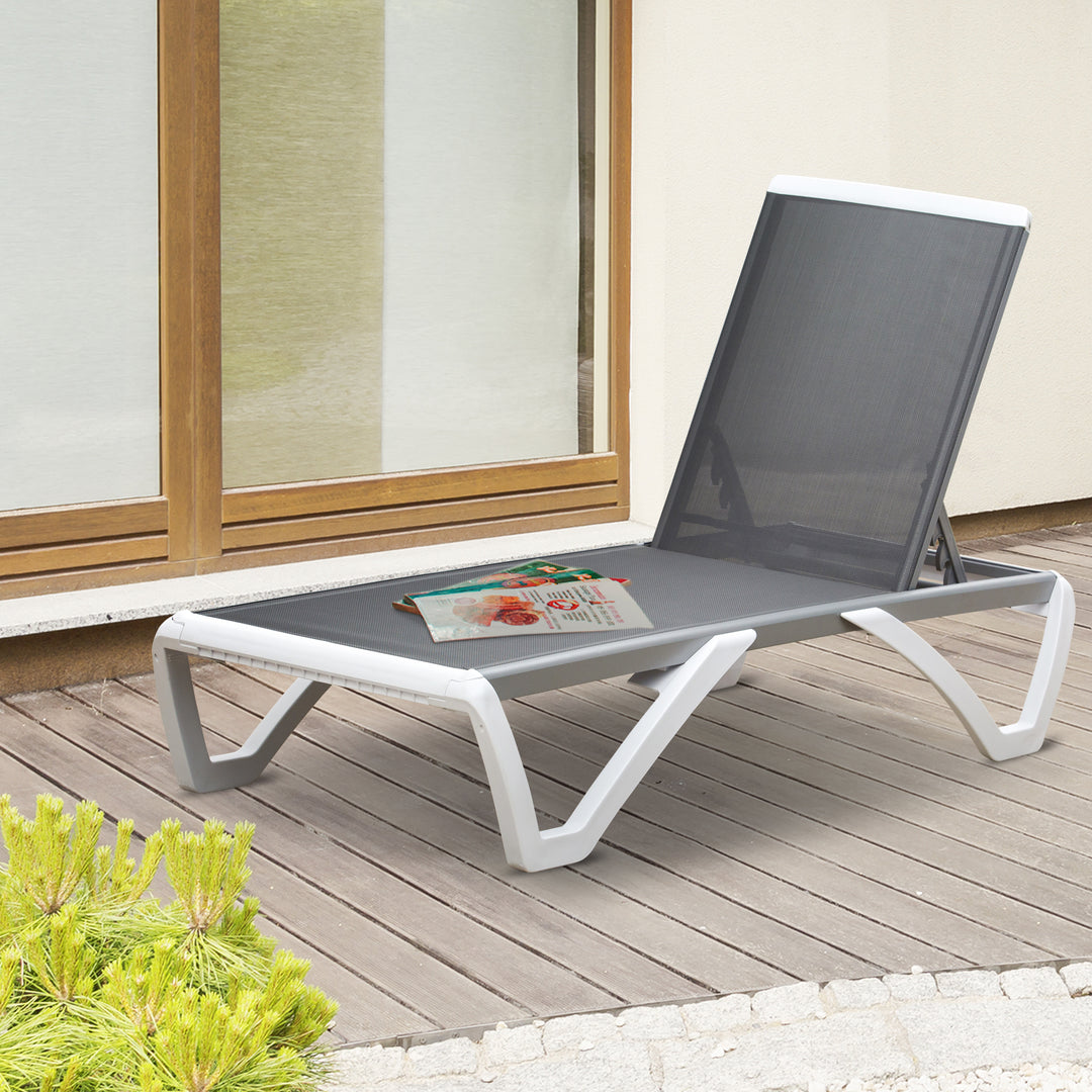 Portable Outdoor Chaise Lounger, with Adjustable Back, Breathable Texteline, Light Grey