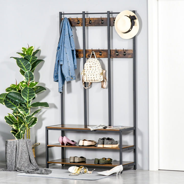 Coat Rack Stand, Free Standing Hall Tree, Coat Stand with Hooks, Bench and Shoe Rack, 100cm x 40cm x 184cm, Rustic Brown and Black
