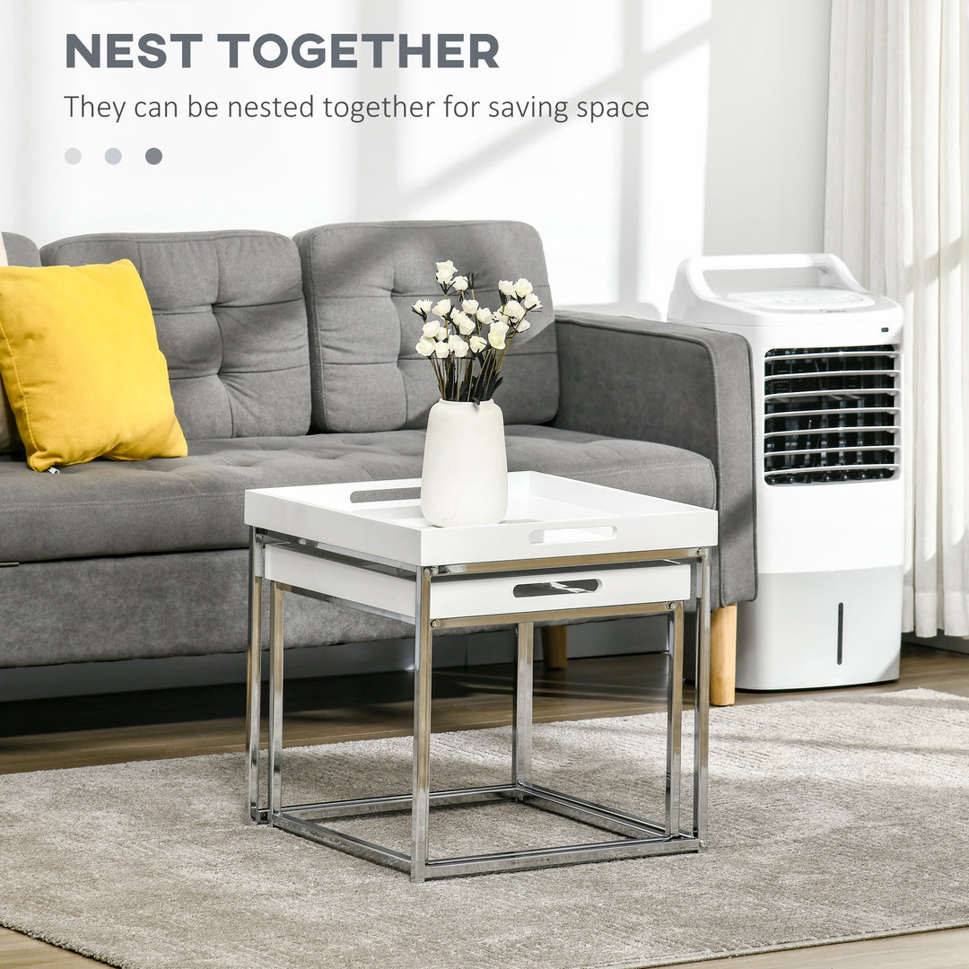 Modern Coffee Table Set of 2, Square Nest of Tables with Steel Frame and High Gloss Effect for Living Room, White