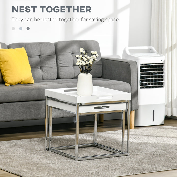 Modern Coffee Table Set of 2, Square Nest of Tables with Steel Frame and High Gloss Effect for Living Room, White