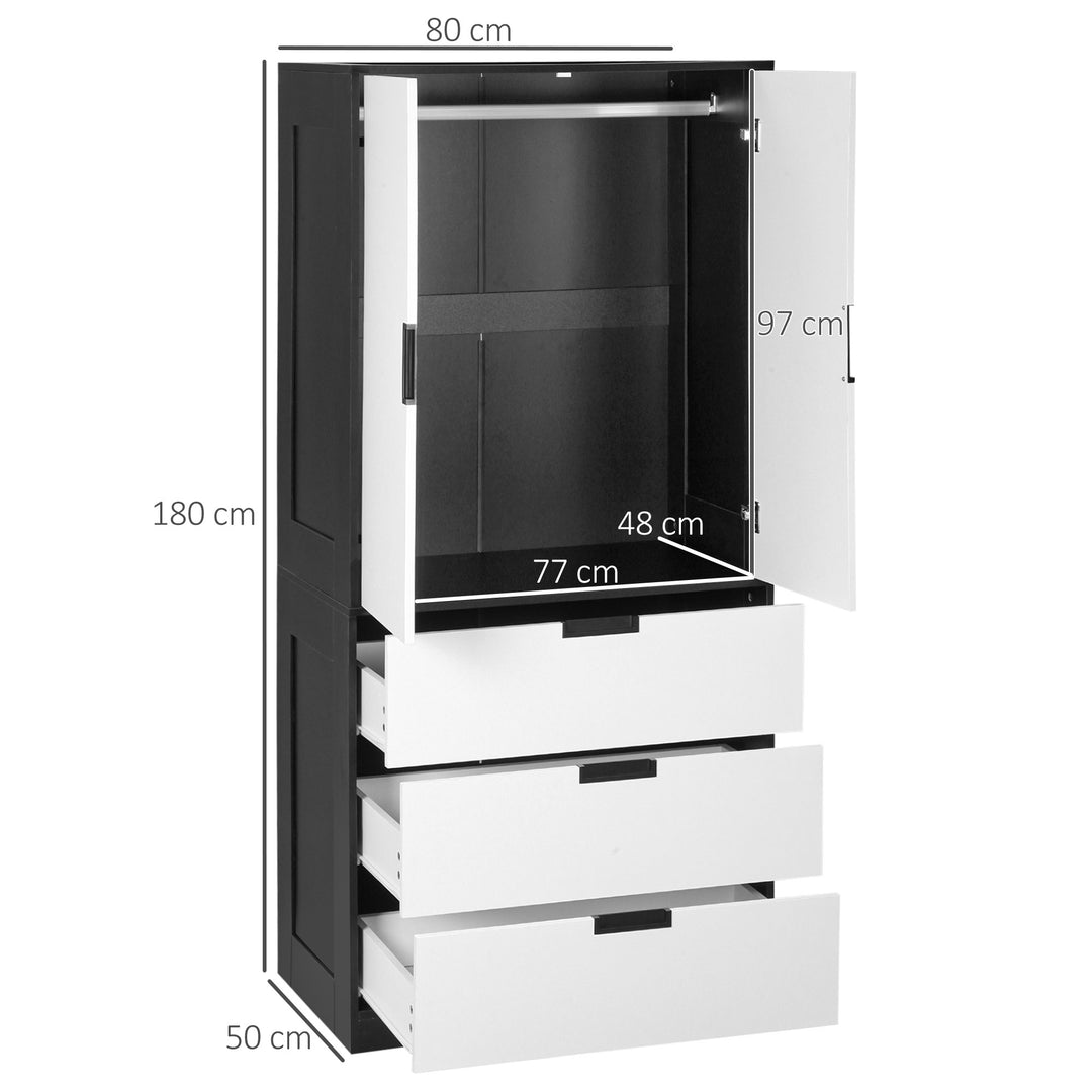 HOMCOM 2 Door Wardrobe, Modern Wardrobe with 3 Drawers and Hanging Rod for Bedroom, White