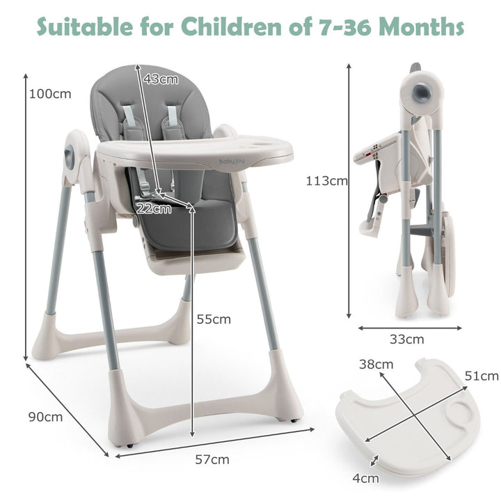 Foldable Convertible Baby High Chair with Adjustable Height and Removable Tray-Grey