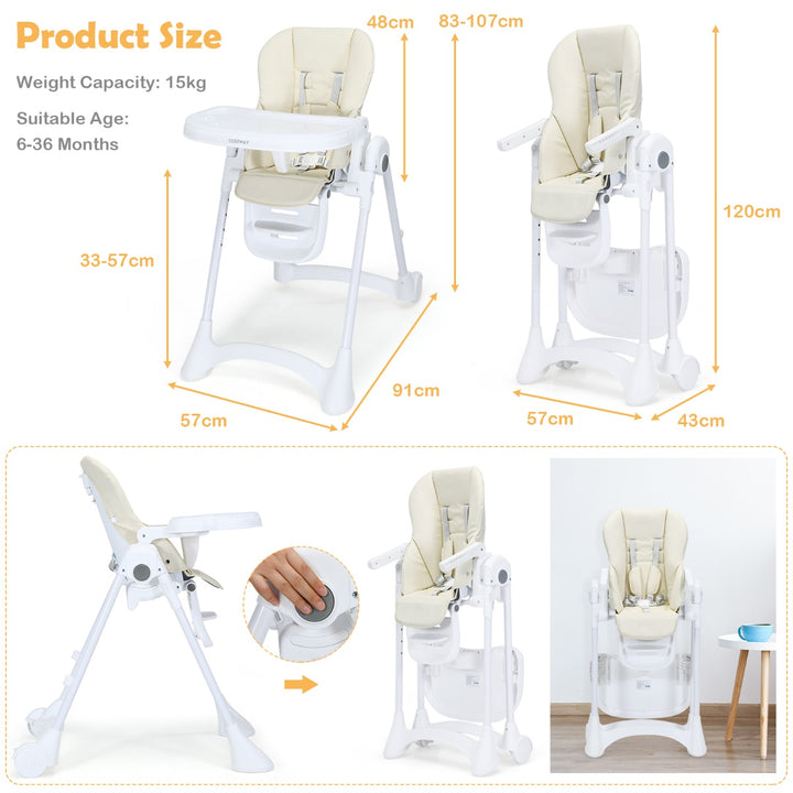 Height Adjustable Folding Highchair for Baby Toddler-Beige