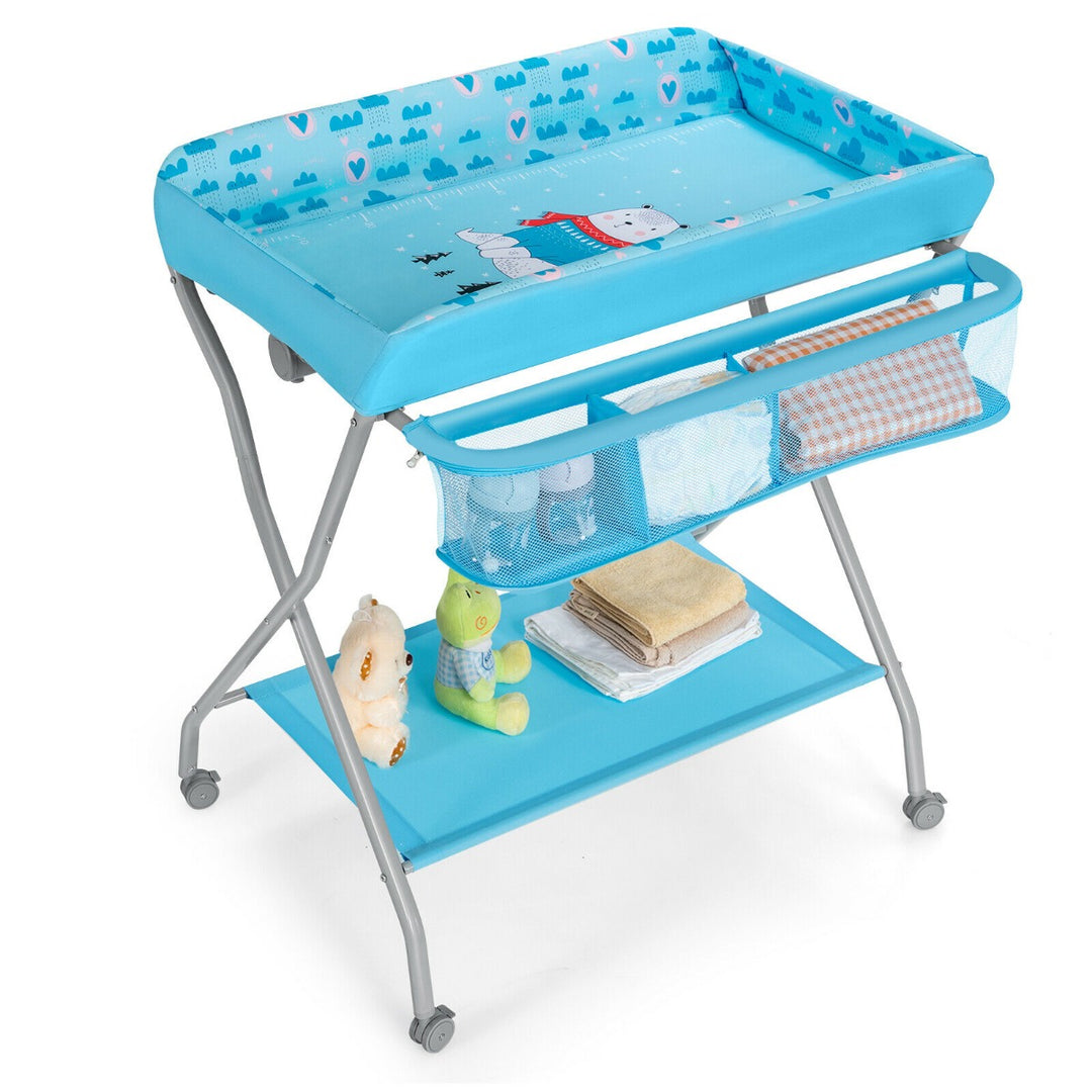 Rolling Baby Changing Table with Large Storage Basket-Blue