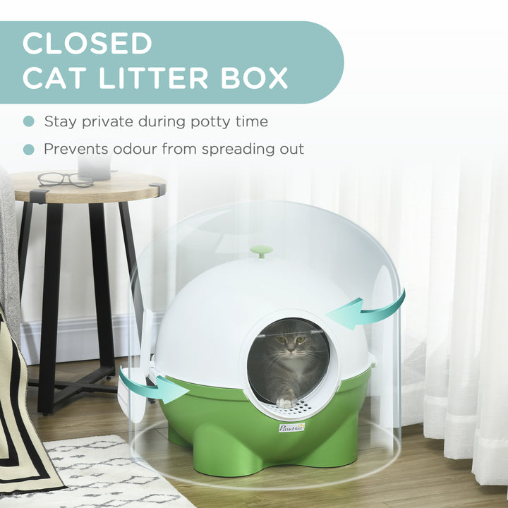 PawHut Large Cat Litter Box, Hooded Cat Litter Tray with Lid, Scoop, Top Handle, Front Entrance, 53 x 51 x 48cm - Green