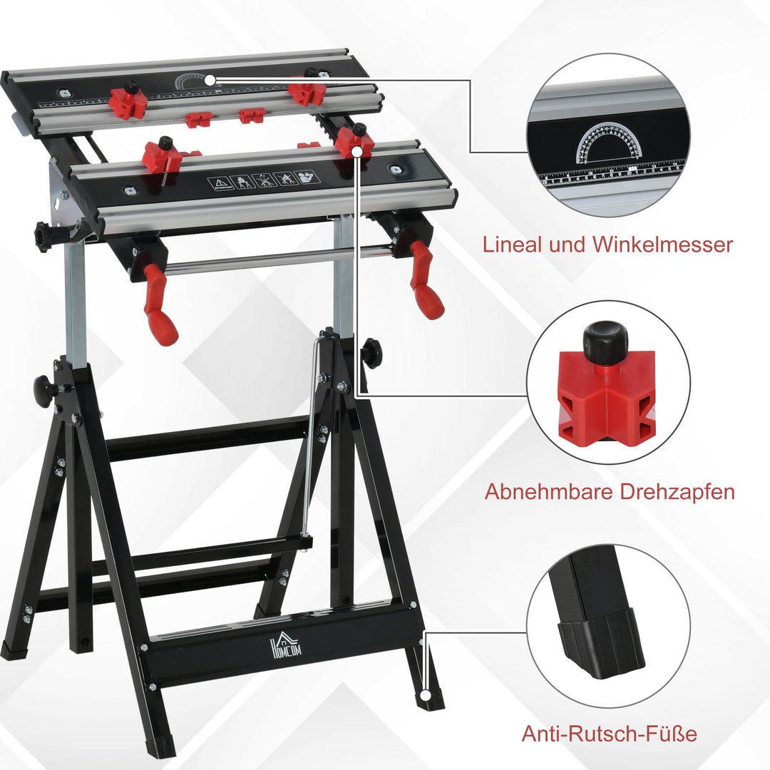 Foldable Work Bench Tool Stand with Adjustable Height and Clamps, Carpenter Saw Table, Heavy Duty Steel Frame, 100kg Capacity