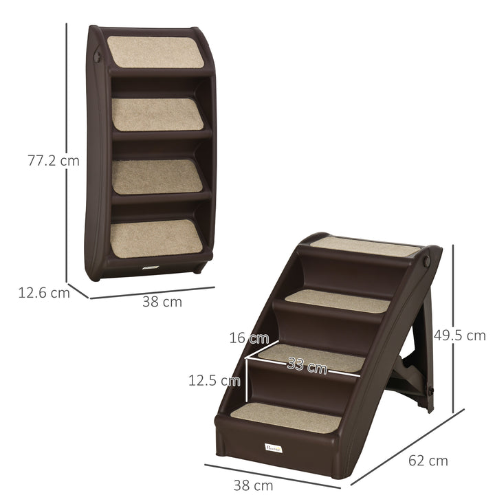 PawHut Foldable Pet Stairs, 4-Step for Cats Small Dogs with Non-slip Mats, 62 x 38 x 49.5 cm, Dark Brown