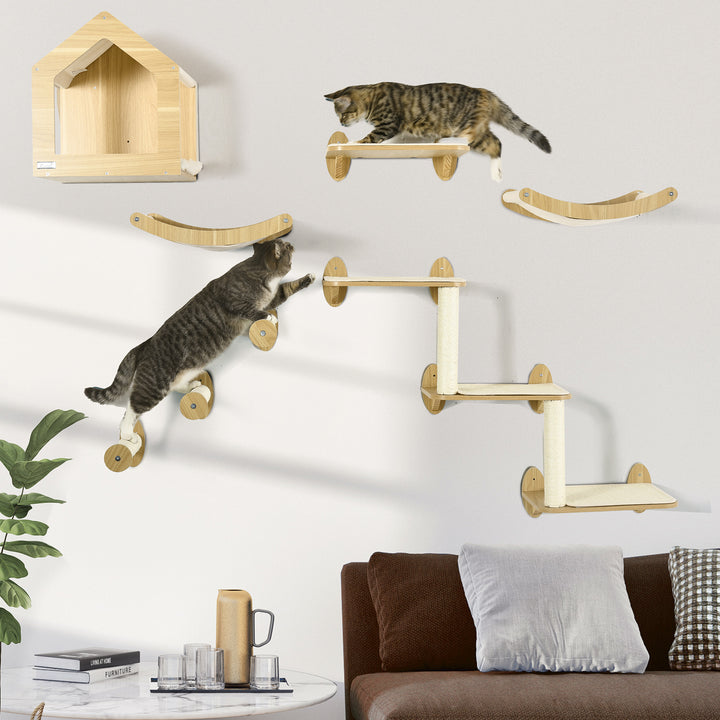 8PCs Cat Shelves Set, Cat Wall Furniture with Condo, 3 Perches, 3 Scratching Posts, Steps, Wall Mounted Cat Tree for Indoor Cats, Beige