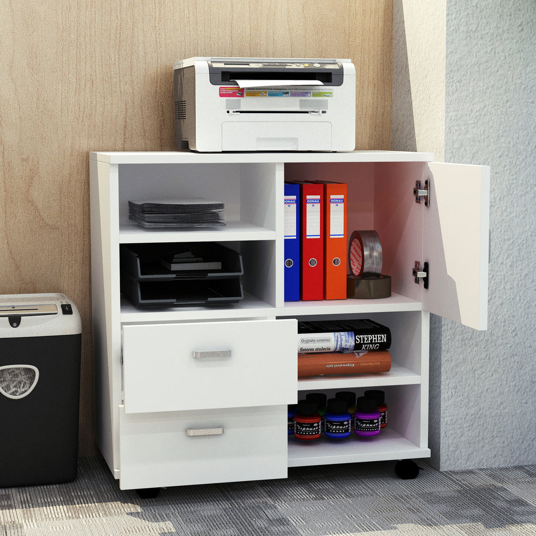 Mobile Storage Cabinet Sideboard Storage Trolley with Drawers 4 Shelves Lockable Wheels White