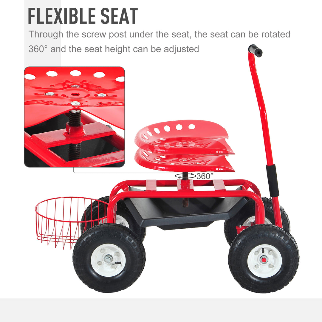 Outsunny Adjustable Rolling Garden Cart Outdoor Garden Planting Station Trolley Swivel Gardener Work Seat Heavy Duty w/ Tool Tray &amp; Basket Red 150kg
