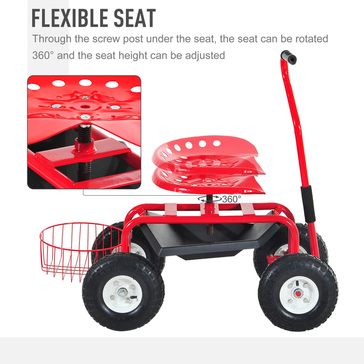 Outsunny Adjustable Rolling Garden Cart Outdoor Garden Planting Station Trolley Swivel Gardener Work Seat Heavy Duty w/ Tool Tray &amp; Basket Red 150kg