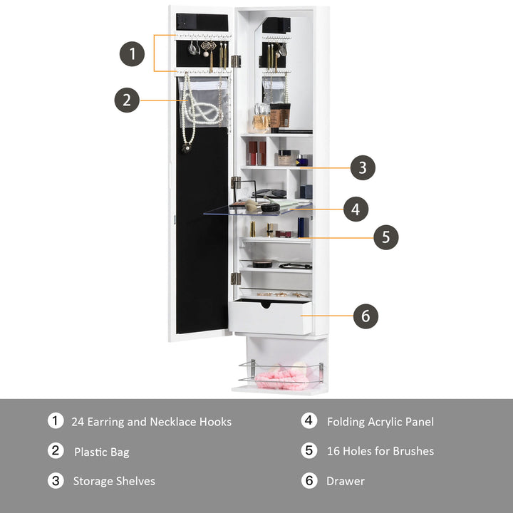 Jewellery Storage Mirror Cabinet Wall Mounted or Door Hanging w/ Hooks Shelves Drawer 18 Lights Brush Holder Vanity Makeup White