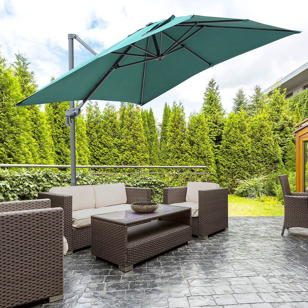 2.5 x 2.5m Square Patio Parasol Offset Cantilever Sun Umbrella 360¡ Rotation w/ Cross Base - Green