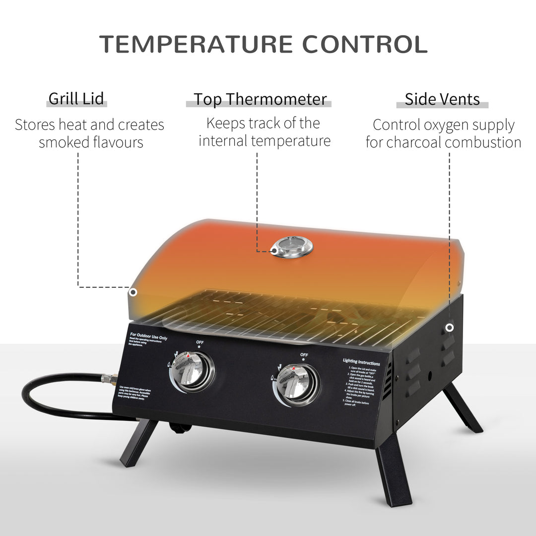 Outsunny 2 Burner Gas Barbecue Grill Garden Portable Tabletop BBQ w/ Folding Legs, Lid, Thermometer, Carbon Steel Body, Black