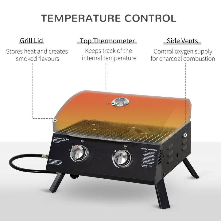 Outsunny 2 Burner Gas Barbecue Grill Garden Portable Tabletop BBQ w/ Folding Legs, Lid, Thermometer, Carbon Steel Body, Black
