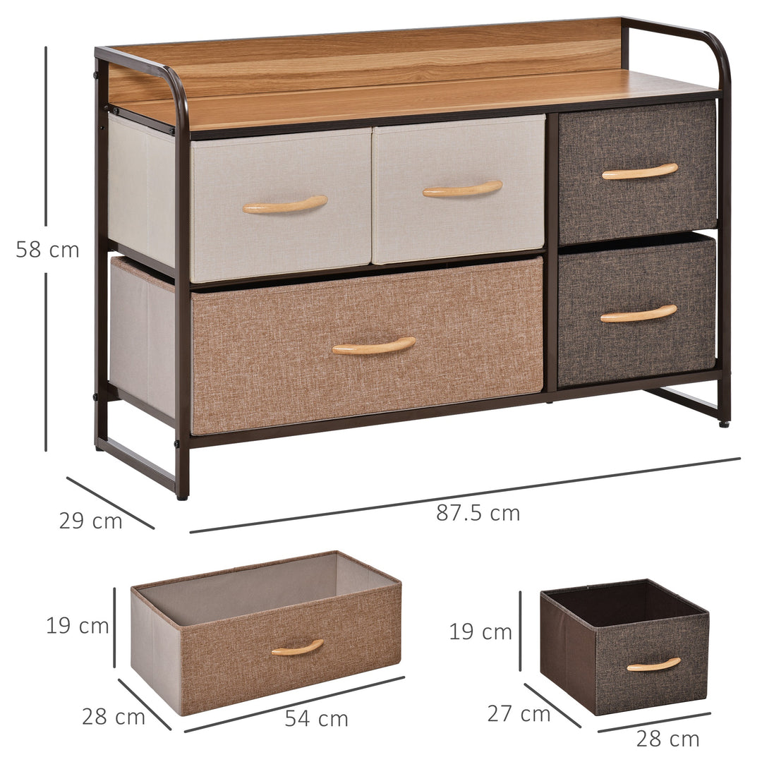 HOMCOM 5-Drawer Dresser, Linen Fabric Chest of Drawers, Dresser Tower Unit for Bedroom Hallway Entryway, Storage Organizer with Steel Frame Wooden Top