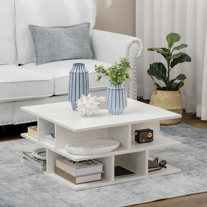 Square Coffee Tables for Living Room, Modern Cocktail Table with Multiple Storage Shelves, 70 x 70 x 36.5 cm, White