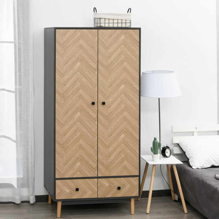 HOMCOM Modern Wardrobe Cabinet Wood Grain Sticker Surface with Shelf, Hanging Rod and 2 Drawers 90x50x190cm