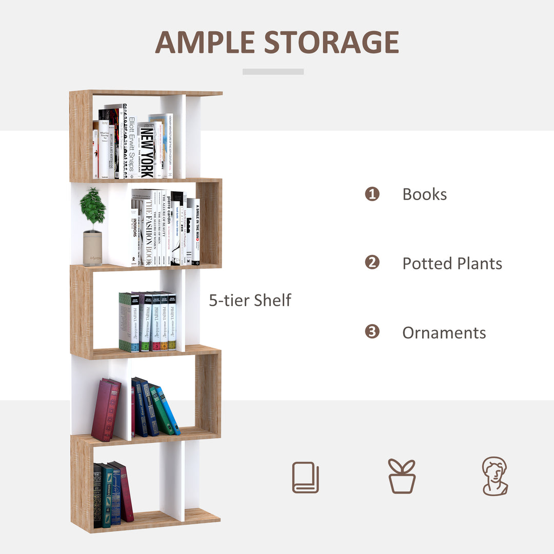 5-tier Bookcase Storage Display Shelving S Shape design Unit Divider White