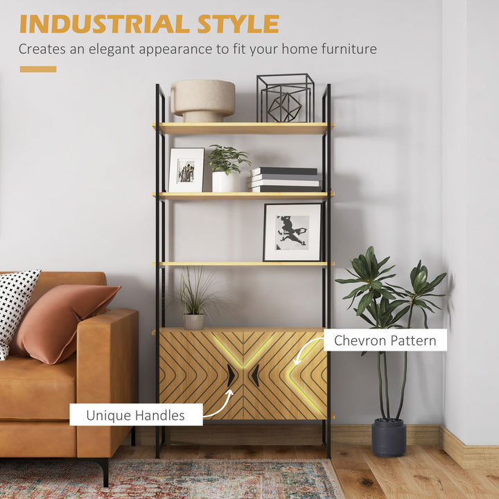Industrial Bookshelf 4-Tier Shelving with Double Door Cabinet and Metal Frame for Living Room, Bedroom, Oak Tone