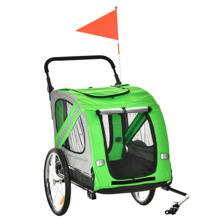 PawHut Dog Bike Trailer 2-in-1 Pet Stroller Cart Bicycle Carrier Attachment for Travel in steel frame with Universal Wheel Reflectors Flag Green