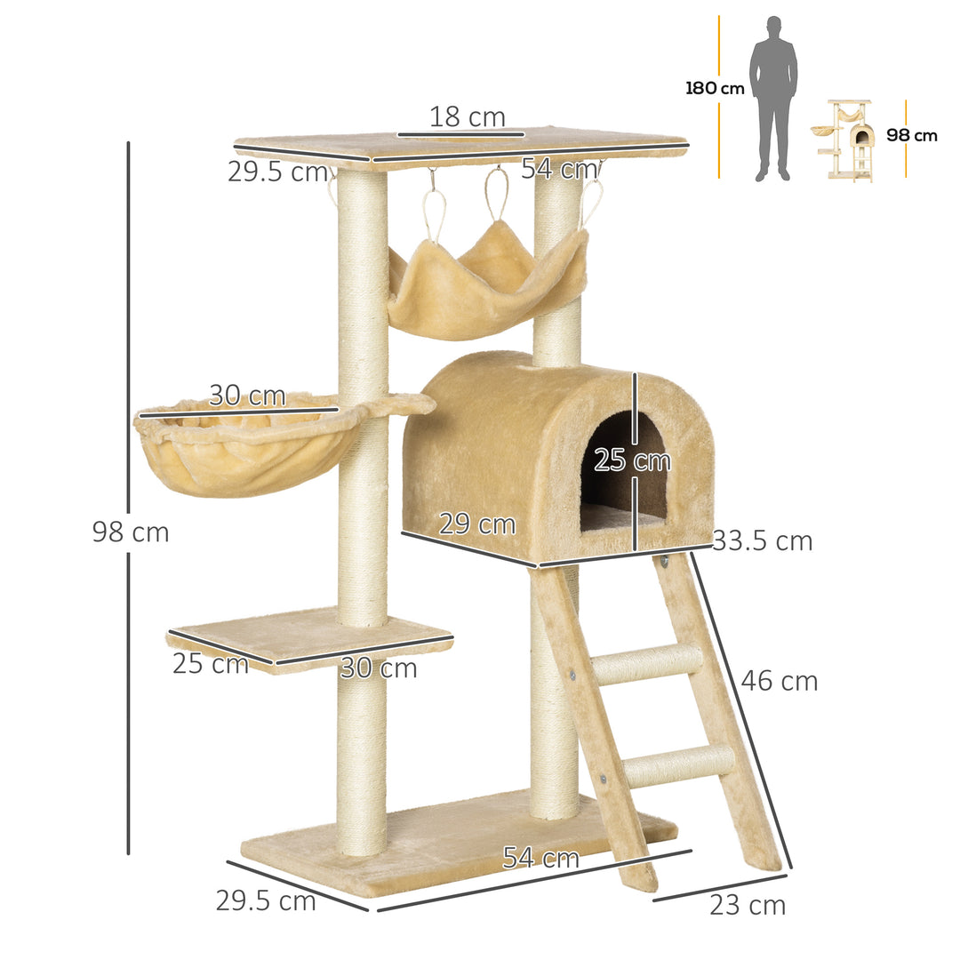PawHut Cat Tree Tower Kitten Activity Centre Scratching Post w/ Hammock Condo Bed Basket Ladder 98 cm, Beige