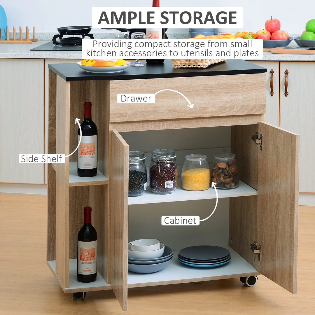 Kitchen Storage Trolley Cart Cupboard Rolling Island Shelves Cabinet With Door and Drawer Locking Wheels