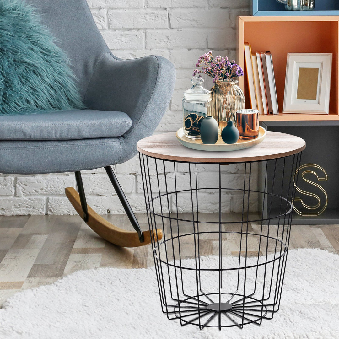 Metal Base Side Table MDF Surface Lift-Top Black/Oak Tone