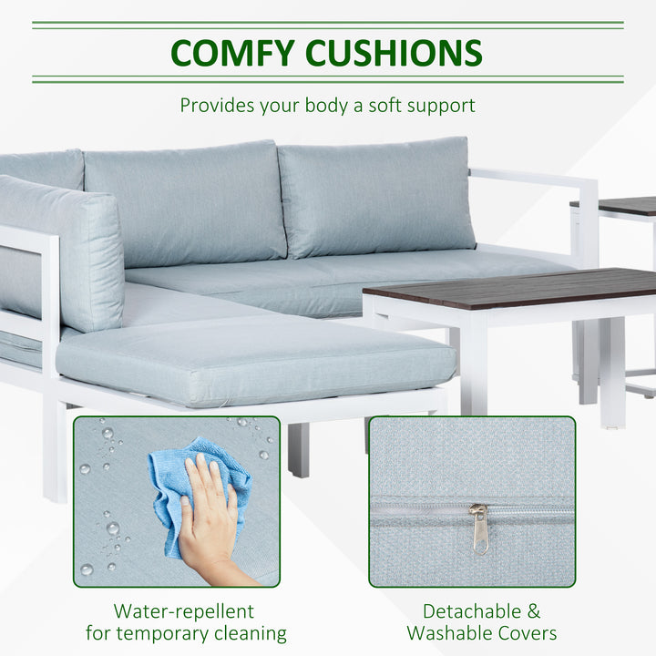 5-Piece L-shaped Garden Furniture Set, Aluminium Conversation Set, Corner Sofa Set with Coffee Table End Table Cushions, White Frame