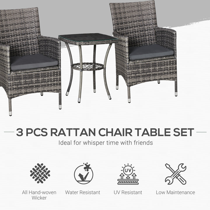 Outsunny 3 PCs Rattan Garden Bistro Set with Cushions Patio Weave Companion Chair Table Set Conservatory, Light Grey