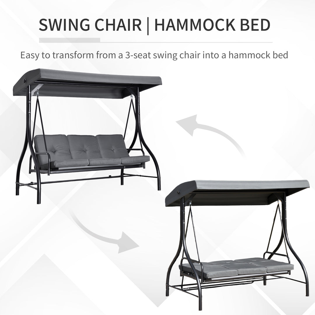 3 Seater Canopy Swing Chair Porch Hammock Heavy Duty 2 in 1 Garden Bench Lounger Bed with Metal Frame - Dark Grey
