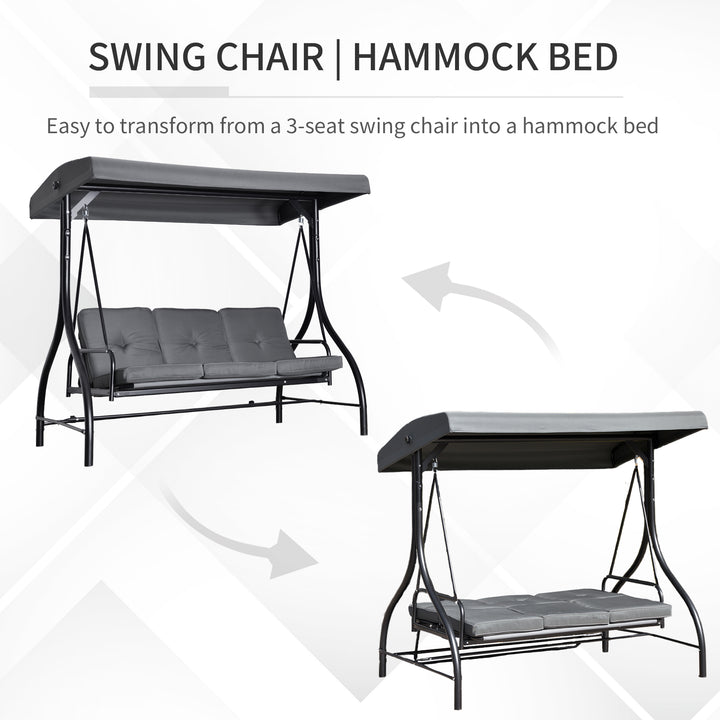 3 Seater Canopy Swing Chair Porch Hammock Heavy Duty 2 in 1 Garden Bench Lounger Bed with Metal Frame - Dark Grey