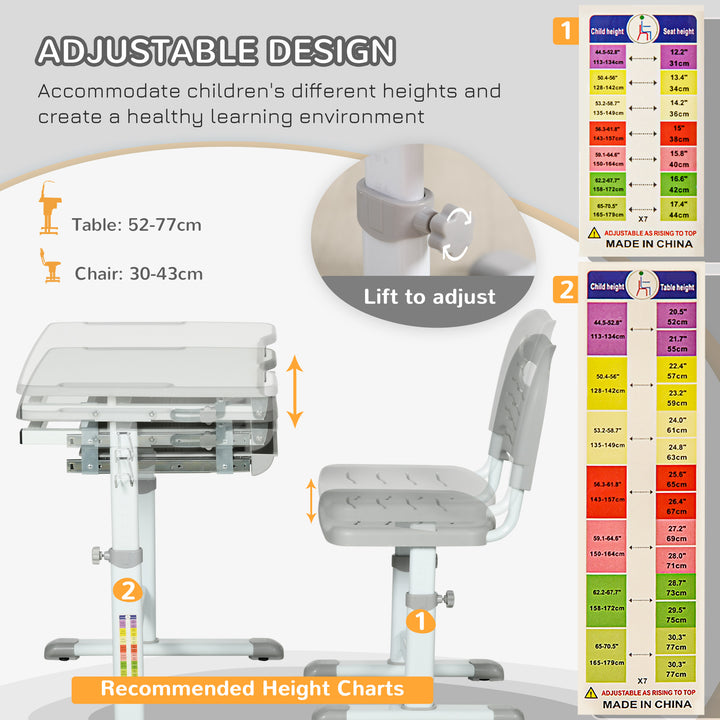 HOMCOM Kids Desk and Chair Set Height Adjustable Student Writing Desk Children School Study Table with Tiltable Desktop, Grey