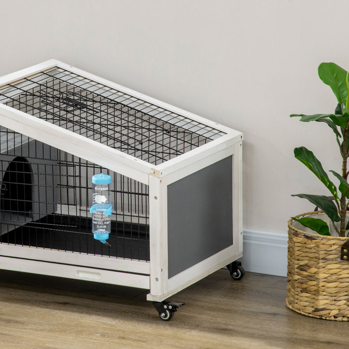 PawHut Rabbit Hutch with Water Bottle, Guinea Pig Cage with Wheels, Bunny Run with Plastic Slide-out Tray, Small Animal House for Indoor, Dark Grey