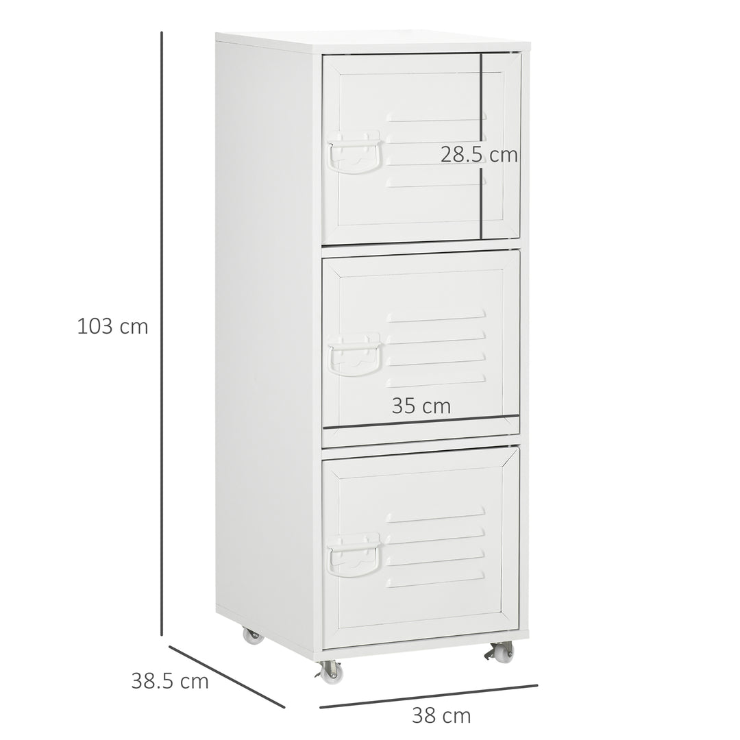 HOMCOM Rolling Storage Cabinet 3-Tier Mobile File Cabinet with Wheels &amp; Metal Doors for Home Office, Living Room, White