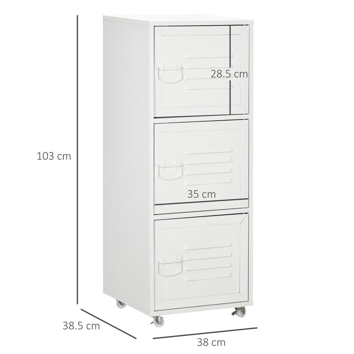 HOMCOM Rolling Storage Cabinet 3-Tier Mobile File Cabinet with Wheels &amp; Metal Doors for Home Office, Living Room, White