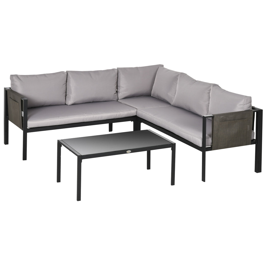 4 Piece Garden Furniture Set Metal Sofa Set w/ Tempered Glass Coffee Table, Conversational Corner Sofa Loveseat w/Padded Cushions Light Grey