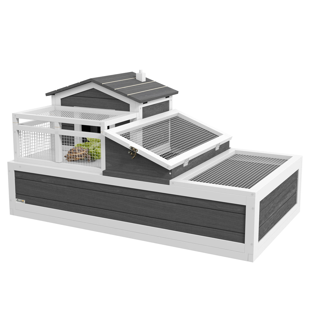 3-Room Tortoise House Habitat w/ Balcony &amp; 2 Stories, Wooden Tortoise Enclosure with Ladder, Tray, Openable Roof