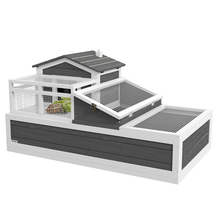 3-Room Tortoise House Habitat w/ Balcony &amp; 2 Stories, Wooden Tortoise Enclosure with Ladder, Tray, Openable Roof