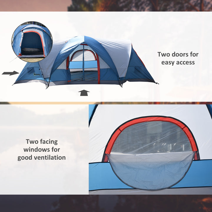 3-4 Man Camping Tent with 2 Rooms, Dome Tent with 2 Doors, Portable Carry Bag, UV Protection, for Fishing, Hiking - Blue