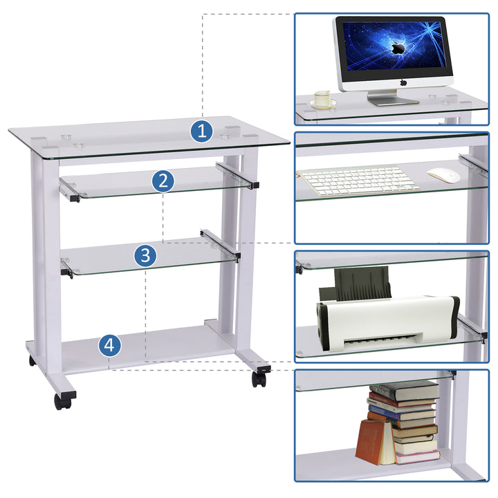 Computer Desk Glass Table Workstation Laptop pc desk mobile  with wheels White