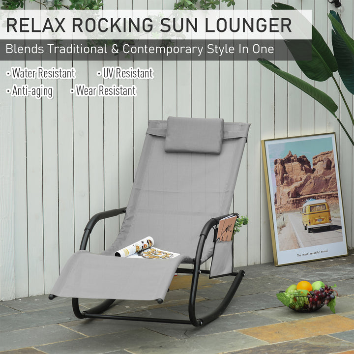 Breathable Mesh Rocking Chair Patio Rocker Lounge for Indoor &amp; Outdoor Recliner Seat w/ Removable Headrest for Garden and Patio Grey