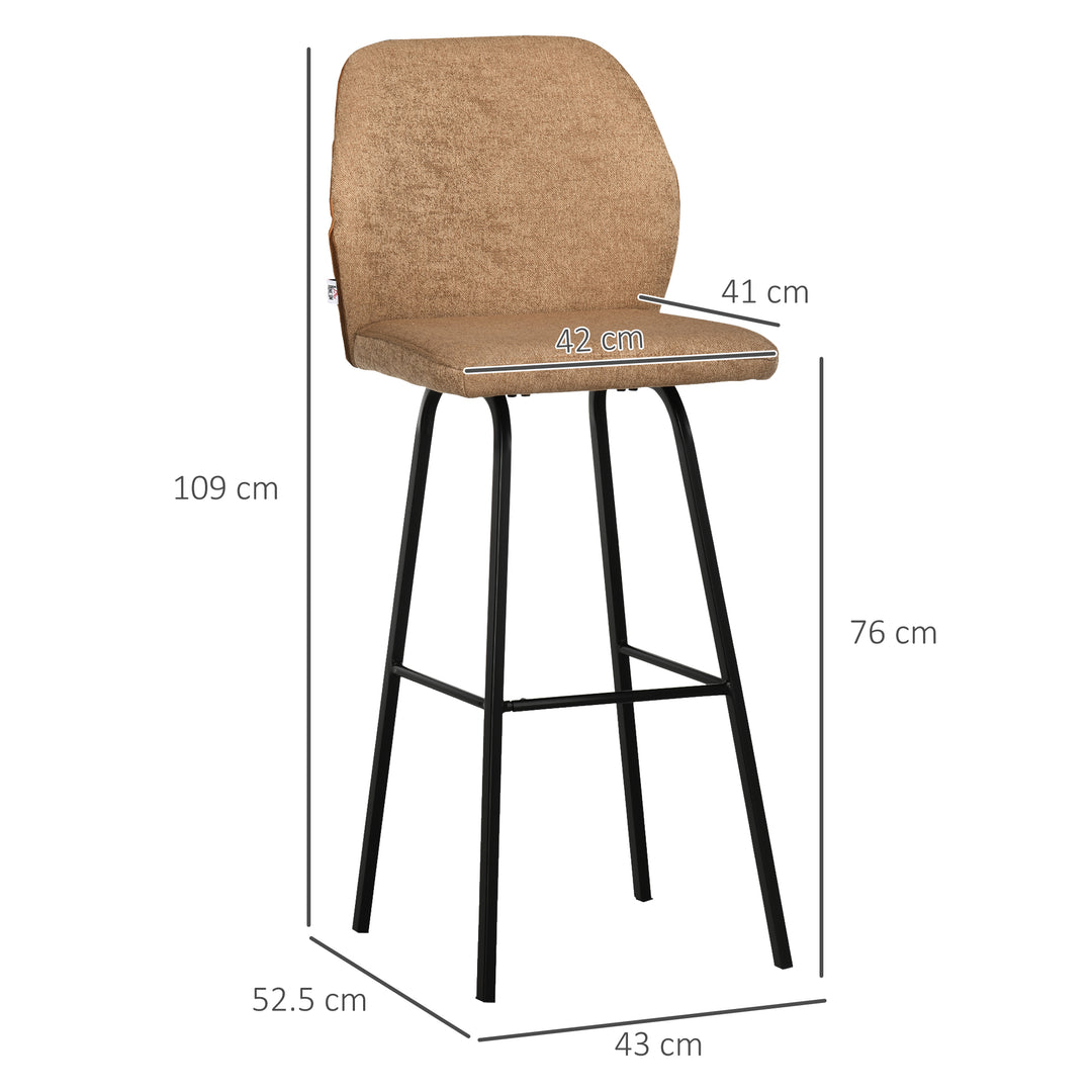 Bar Stools Set of 2, Linen-Touch Upholstered Bar Chairs, Kitchen Stools with Backs and Steel Legs, Light Brown