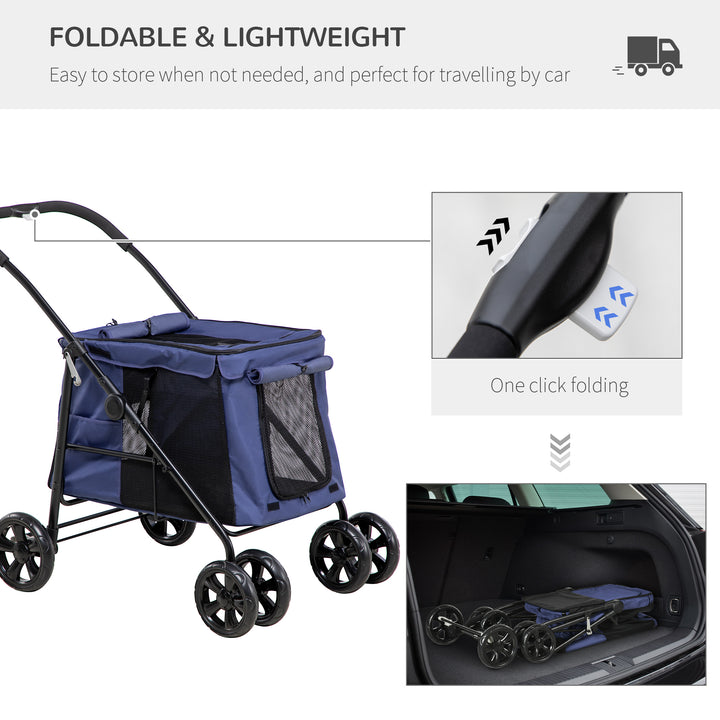 One-Click Foldable Dog Pushchair w/ EVA Wheels, Storage Bags, Mesh Windows, Doors, Safety Leash, Cushion, for Small Pets - Dark Blue