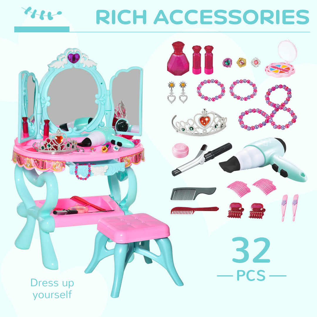 32 PCS Kids Vanity Dressing Table Play Set, Beauty Kit Pretend Toy w/ Magic Glamour Princess Mirror Hair Dryer Make Up Desk Stool, Blue+Pink
