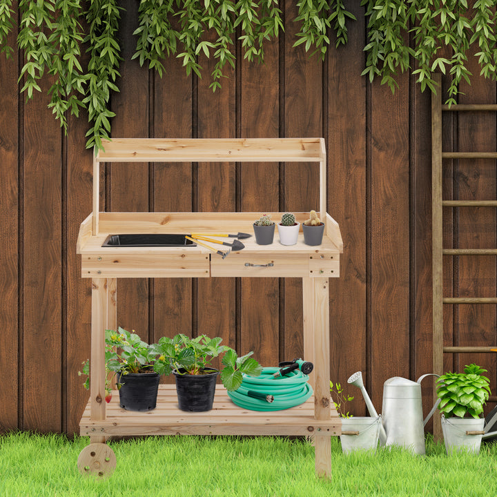 Outsunny Garden Potting Bench Table, Wooden Work Station, Outdoor Planting Workbench with 2 Wheels, Sink, Drawer & Large Storage Spaces, 92x45x119cm